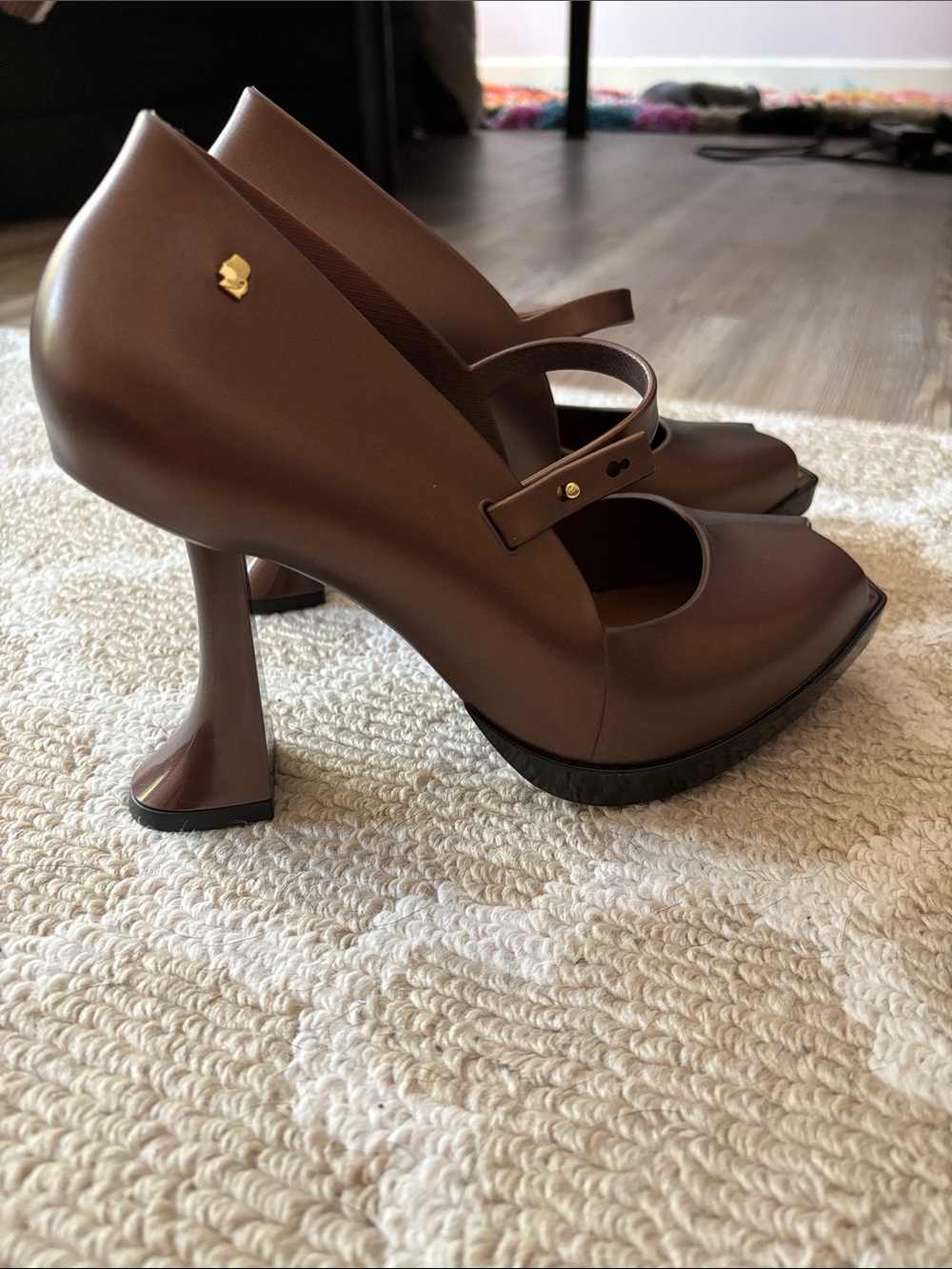 Mary Jane Peep-Toe Heels in Metallic Brown